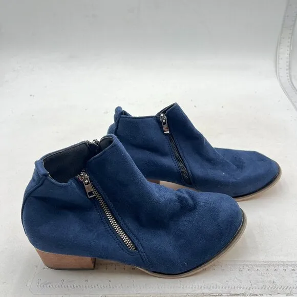 Navy Women Round Toe Ankle Boots Chunky Low Heel Side Zippers Chelsea Booties
