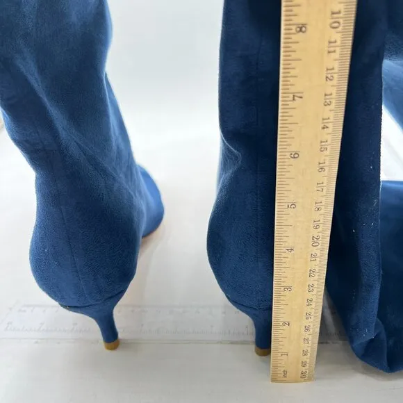 Navy Women Square Toe Knee High Boot Slip On Kitten Low Heel Elegant Winter Shoe