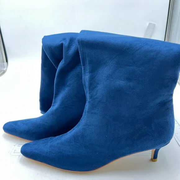 Navy Women Square Toe Knee High Boot Slip On Kitten Low Heel Elegant Winter Shoe