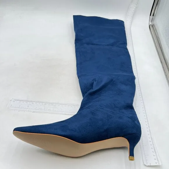 Navy Women Square Toe Knee High Boot Slip On Kitten Low Heel Elegant Winter Shoe