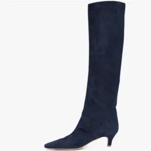 Navy Women Square Toe Knee High Boot Slip On Kitten Low Heel Elegant Winter Shoe