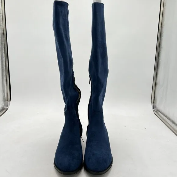 Navy Women's Suede Side Zipper Knee High Boots Over The Knee Low Heels Boots