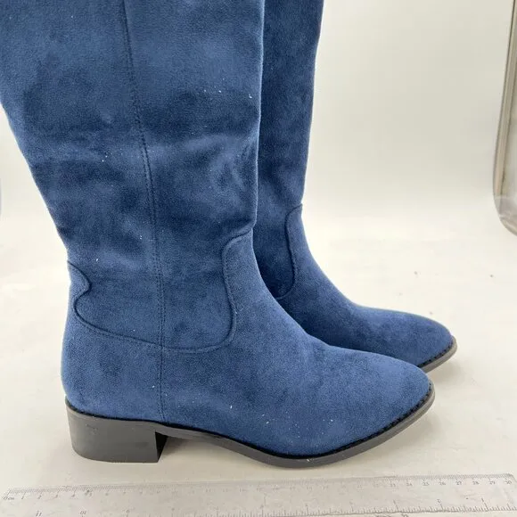 Navy Women's Suede Side Zipper Knee High Boots Over The Knee Low Heels Boots