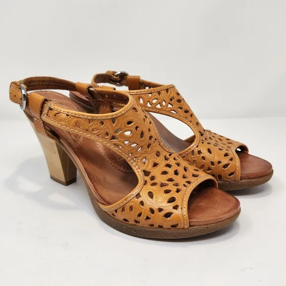 Naya Womens Alpine Brown Leather Slingback Heels Sandals Size 9 M Peep Toe Boho