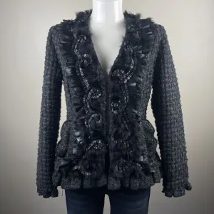 Neiman Marcus Black &amp; Gray Goth Shimmer Boucle Rabbit Fur Trim Dress Jacket Sz M