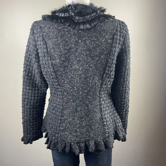 Neiman Marcus Black &amp; Gray Goth Shimmer Boucle Rabbit Fur Trim Dress Jacket Sz M