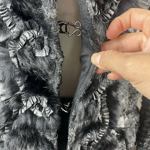 Neiman Marcus Black &amp; Gray Goth Shimmer Boucle Rabbit Fur Trim Dress Jacket Sz M