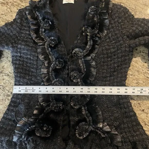 Neiman Marcus Black &amp; Gray Goth Shimmer Boucle Rabbit Fur Trim Dress Jacket Sz M