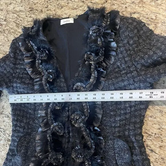 Neiman Marcus Black &amp; Gray Goth Shimmer Boucle Rabbit Fur Trim Dress Jacket Sz M