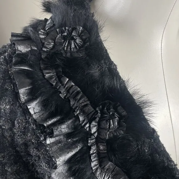 Neiman Marcus Black &amp; Gray Goth Shimmer Boucle Rabbit Fur Trim Dress Jacket Sz M