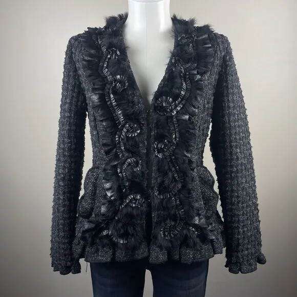 Neiman Marcus Black &amp; Gray Goth Shimmer Boucle Rabbit Fur Trim Dress Jacket Sz M