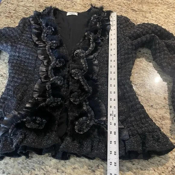 Neiman Marcus Black &amp; Gray Goth Shimmer Boucle Rabbit Fur Trim Dress Jacket Sz M