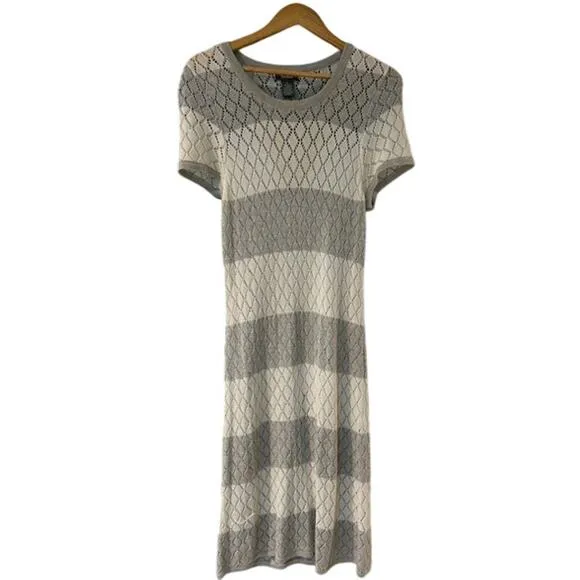 NEIMAN MARCUS Gray White Stripe Open Knit Maxi Sweater Dress Size LARGE Diamond