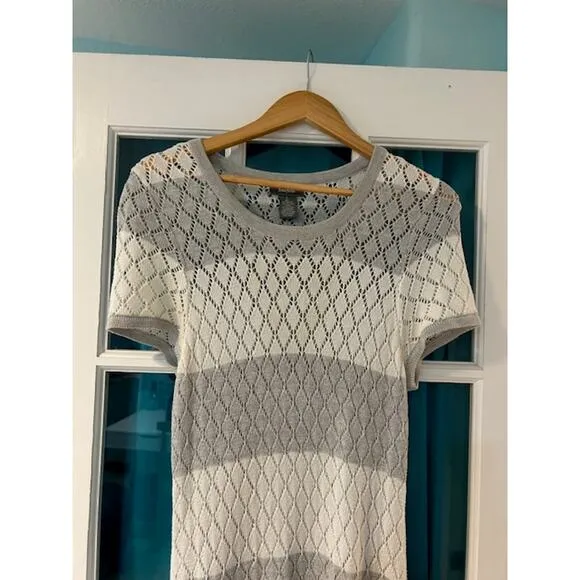 NEIMAN MARCUS Gray White Stripe Open Knit Maxi Sweater Dress Size LARGE Diamond