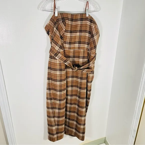 NEW Anthropologie Strapless Belted Midi Dress Plaid Academia Preppy Minimalist