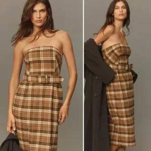 NEW Anthropologie Strapless Belted Midi Dress Plaid Academia Preppy Minimalist