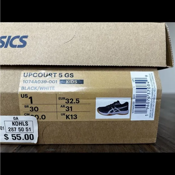 NEW Asics Upcourt 5 GS Big Kids' Volleyball Shoes, Black/White, SIZE 1