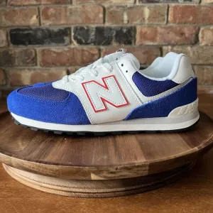 New Balance 574 Sneakers Shoes Suede White Royal Blue Men's 7 Womens 8.5