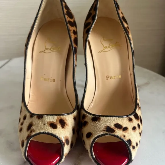 New Christian Louboutin Leopard Print Peep Toe Heels 36