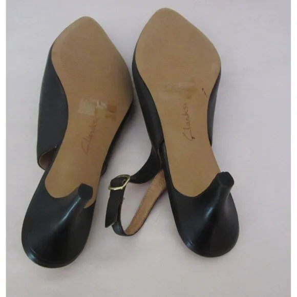 New, Clarks Black Leather Artisan Cushioned Slingback Heels Size 8.5M