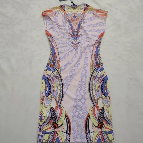 New 🎀 Designer luxury bodycon stretchy dress violet printed wearable art