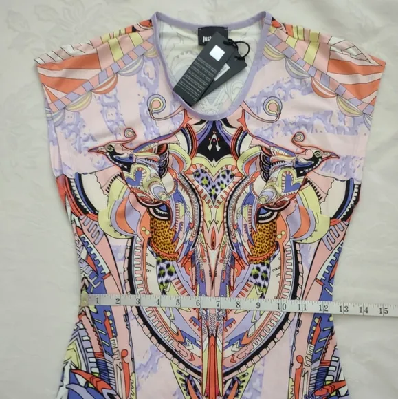 New 🎀 Designer luxury bodycon stretchy dress violet printed wearable art