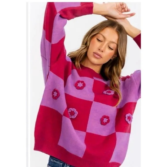 NEW! Entro Oversized Fuchsia/Lilac Soft Sweater w/3D Knit Flowers!