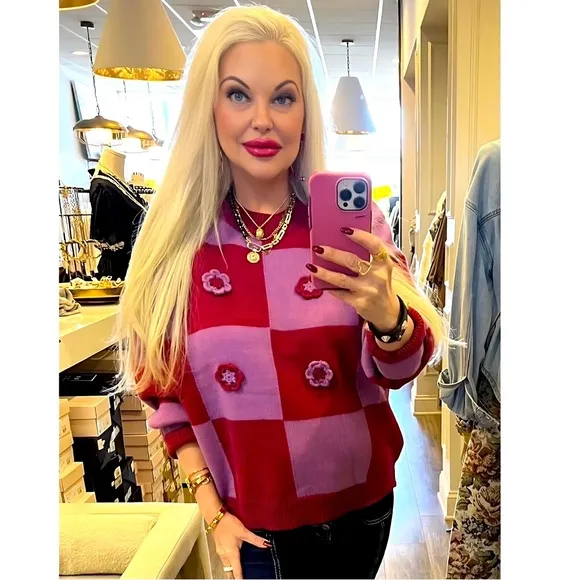 NEW! Entro Oversized Fuchsia/Lilac Soft Sweater w/3D Knit Flowers!