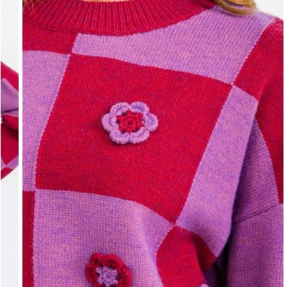 NEW! Entro Oversized Fuchsia/Lilac Soft Sweater w/3D Knit Flowers!
