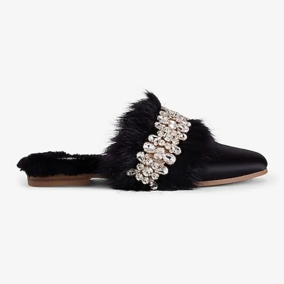 New Express Satin Faux Fur CrystalEmbellished Mules - Size L(9/10)