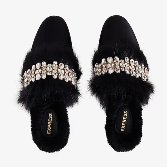 New Express Satin Faux Fur CrystalEmbellished Mules - Size L(9/10)