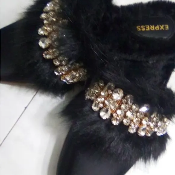 New Express Satin Faux Fur CrystalEmbellished Mules - Size L(9/10)