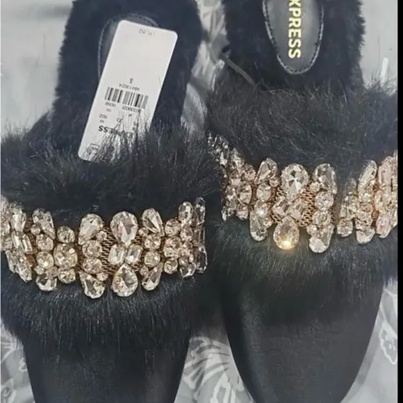 New Express Satin Faux Fur CrystalEmbellished Mules - Size L(9/10)