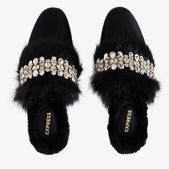 New Express Satin Faux Fur CrystalEmbellished Mules - Size L(9/10)