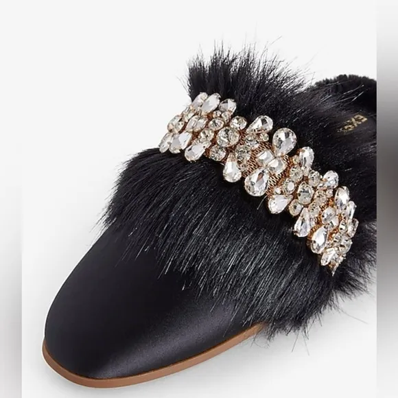New Express Satin Faux Fur CrystalEmbellished Mules - Size L(9/10)