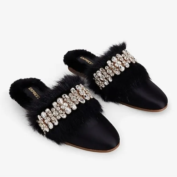 New Express Satin Faux Fur CrystalEmbellished Mules - Size L(9/10)
