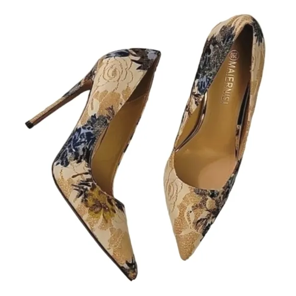 NEW Floral Embroidered Stiletto Heels with Glitter Lace