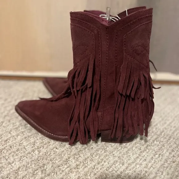 New FREE PEOPLE Womens Lawless Fringe Western‎ Boot fig maroon Size 7.5/37.5