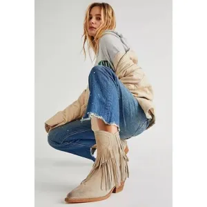 NEW FREE PEOPLE LAWLESS FRINGE WESTERN SUEDE ANKLE BOOT IN BONE