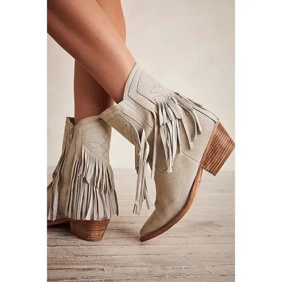 NEW FREE PEOPLE LAWLESS FRINGE WESTERN SUEDE ANKLE BOOT IN BONE