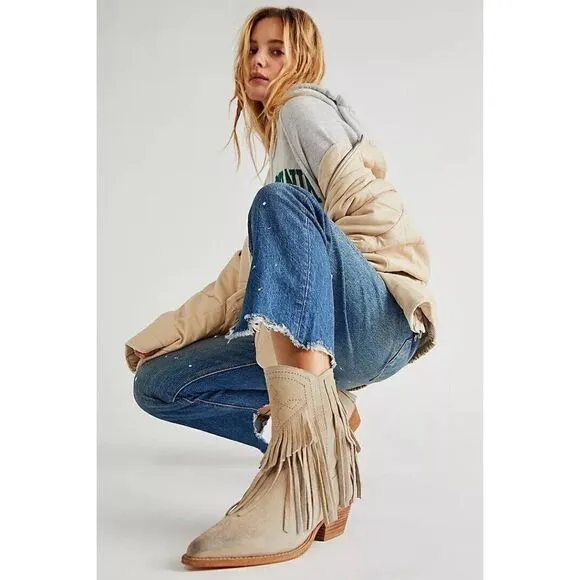 NEW FREE PEOPLE LAWLESS FRINGE WESTERN SUEDE ANKLE BOOT IN BONE