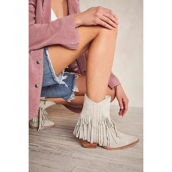 NEW FREE PEOPLE LAWLESS FRINGE WESTERN SUEDE ANKLE BOOT IN BONE