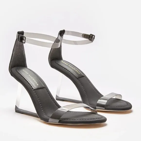 NEW Good American Cinder-F*cking-Rella Lucite Wedge Heel Sandal in Black Sz. 4
