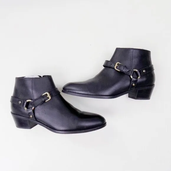 new! J. crew ankle booties leather moto zip up gold hardware straps buckle