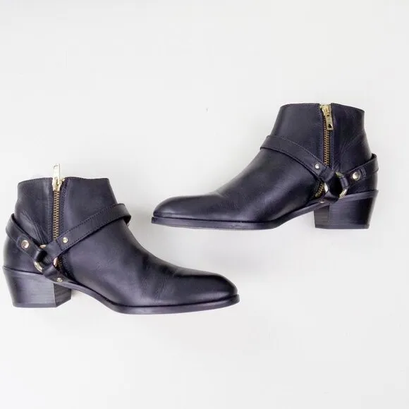 new! J. crew ankle booties leather moto zip up gold hardware straps buckle