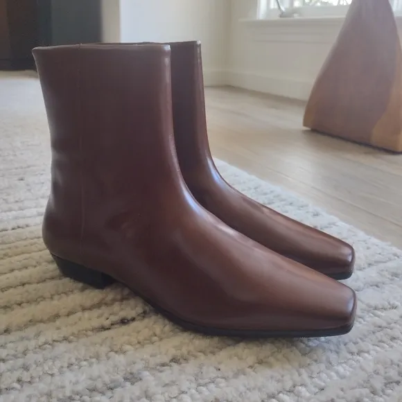 NEW J Crew Square-Toe Leather Ankle Boots Size 7.5 Brown Sienna Spazzolato