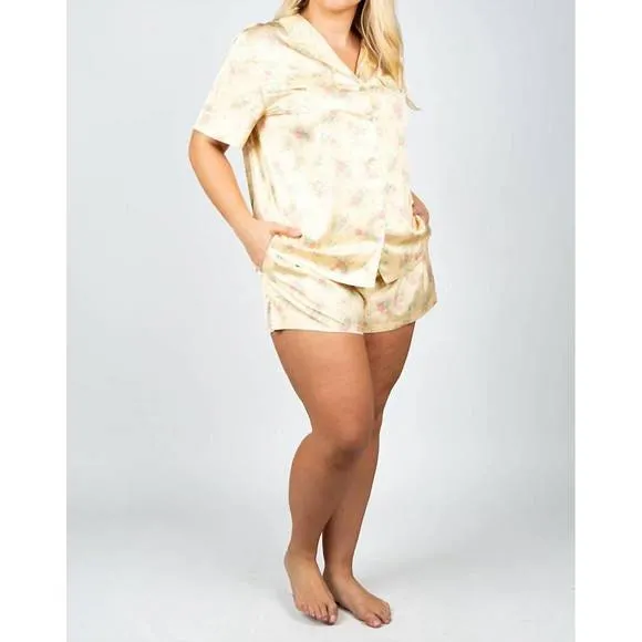 NEW KILO BRAVA satin short pajama set in light yellow vintage floral