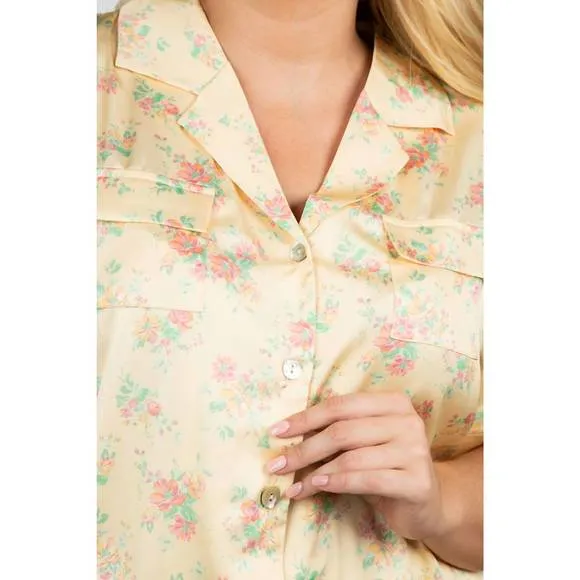 NEW KILO BRAVA satin short pajama set in light yellow vintage floral
