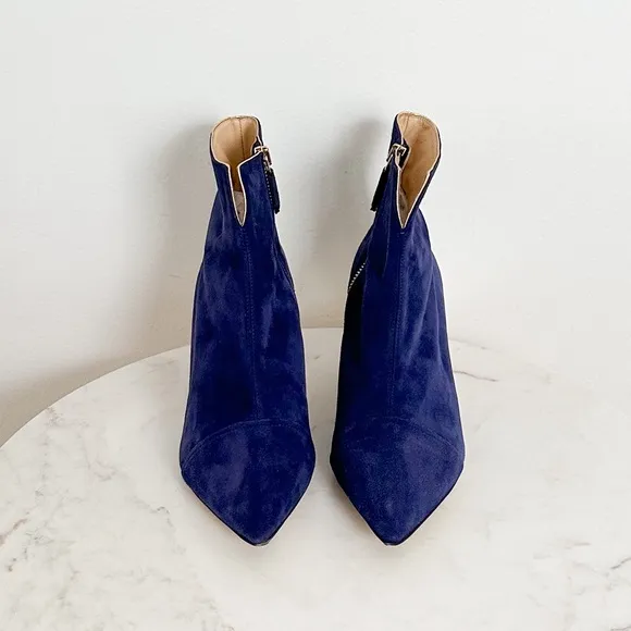 NEW MARION PARKE Navy Suede Pointed Toe Zip Up Heel Ankle Boots Size 37 EU 7 US