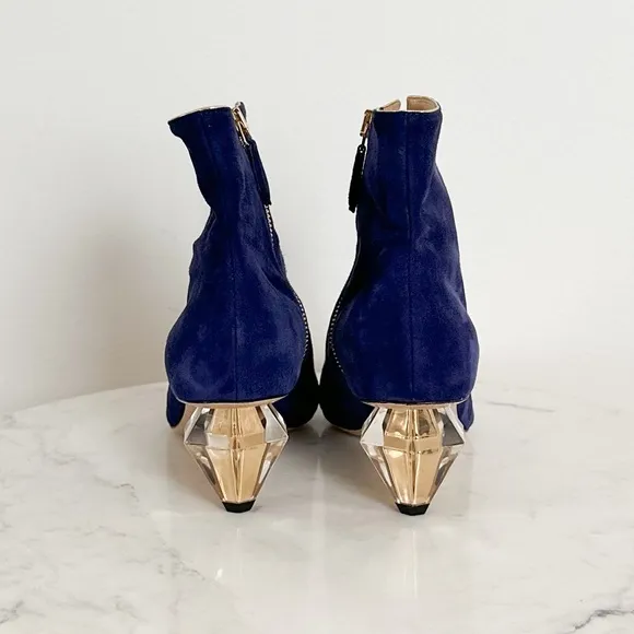 NEW MARION PARKE Navy Suede Pointed Toe Zip Up Heel Ankle Boots Size 37 EU 7 US